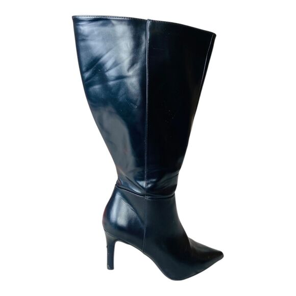 Womens Wide Calf Side Zip Pointed Toe Faux Leather Black Moto Boots US 8.5W - Picture 1 of 14
